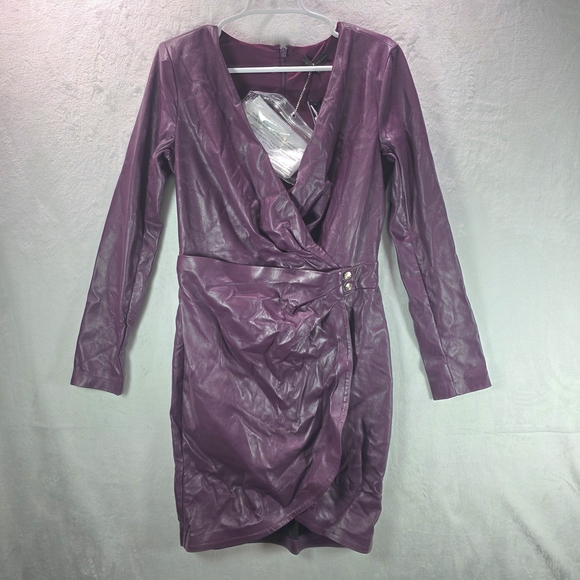 Guess Dresses & Skirts - Guess Deep Purple Faux Leather Wrap Mini Dress Sz L NWT
